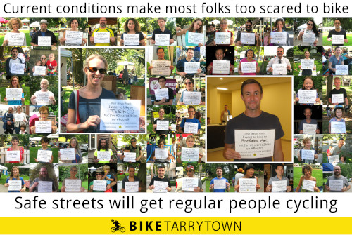 Collage of people saying they're too scared to bike on Broadway. People who bike aren't a fixed number of constituents to be placated. We are an untapped resource to be cultivated.