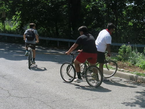 3 teenage kids riding bicycles in the street.