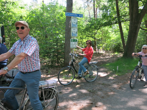 Photo of several older adults on e-bikes in the countryside.