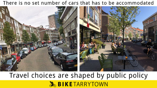 Before/after photos of the same street in Rotterdam. The street is about 40 feet wide between buildings. The buildings are about 4 storys high. The ground floors have store fronts. The left photo has cars parked on both sides of the street. The right photo replaced many of the car parking spaces with wider sidewalks and cafe seating, etc. Text on the graphic say: On the There is no set number of cars that has to be accommodated. Travel choices are shaped by public policy.