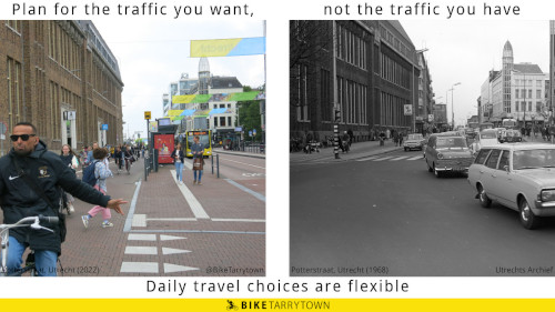 Text: Plan for the traffic you want, not the traffic you have.  Daily travel choices are flexible.  Left photo: Potterstraat, Utrecht, 2022. Photo of the same street. From left to right... Can't really see the sidewalk, but there are a some folks on it. 14 people cycling toward us on a wide separated bike lane. 2 people walking toward us on a wide bus stop island. 3 buses driving on a 2 lane wide roadbed. Only a sliver of the right and bus stop island, bike lane and sidewalk are visible.  Right photo: Potterstraat, Utrecht, 1968. Photo of a downtown street. From left to right... 7 people are walking on the left sidewalk. 2 people are riding motor scooters in the separated bike lane. Many people standing on a narrow bus stop island. A 4 lane wide roadbed, filled with folks driving 20 cars and vans, plus one bus. A few people waiting on a narrow bus island. 5 people cycling in a separated bike lane. Can't see much of the sidewalk.