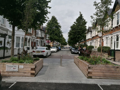 Planters and bollard in a street