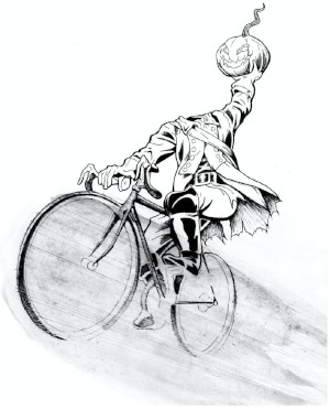 Black and white drawing of the Headless Cyclist. Riding a bike holding a jackolantern up in the air with one hand.