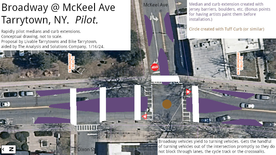Conceptual drawing of how to reconfigure the McKeel / Broadway intersection to add median refuges.
