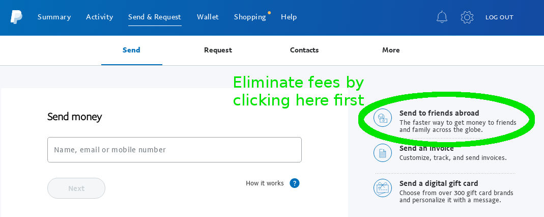 Screen shot of Paypal page with the Send to Friends Abroad link circled.