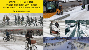 Title: Winter Cycling. It's no problem with good infrastructure and maintenance. Images: A collage of people cycling in the snow, plus a disabled person on a mobility scooter.