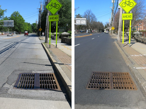 Collage of two photos of the same spot on a wide road. Left side photo (before) has double wide storm drain grates with bars that can catch bicycle wheels. Right side photo (after) has the storm drain grates replaced with ones that are safe for cycling over.